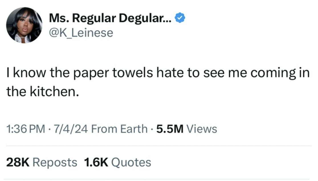 screenshot - Ms. Regular Degular... I know the paper towels hate to see me coming in the kitchen. 7424 From Earth . 5.5M Views 28K Reposts Quotes